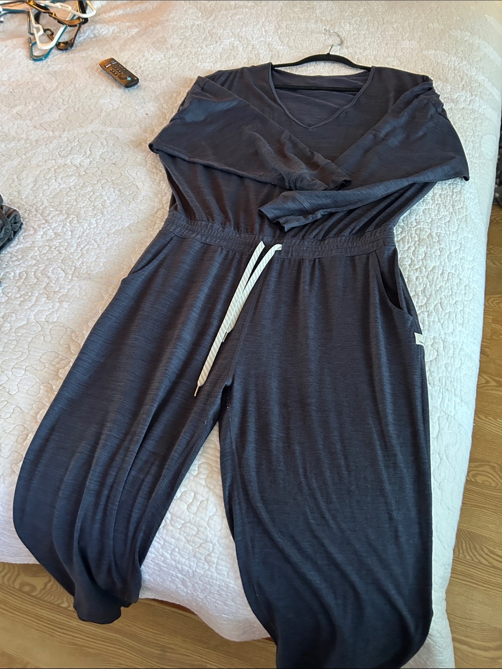 Vuori Navy Long-Sleeve V-Neck Jumpsuit with Drawstring